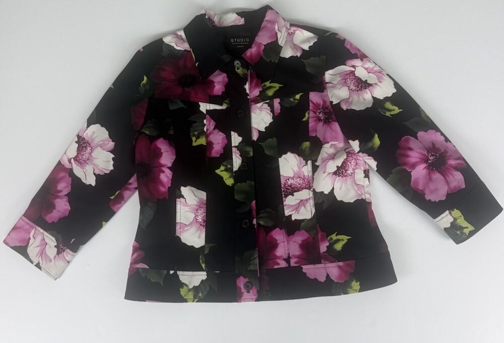 Studio by Liz Claiborne Women's Jacket Size 12 Petite Black Pink Floral Blazer